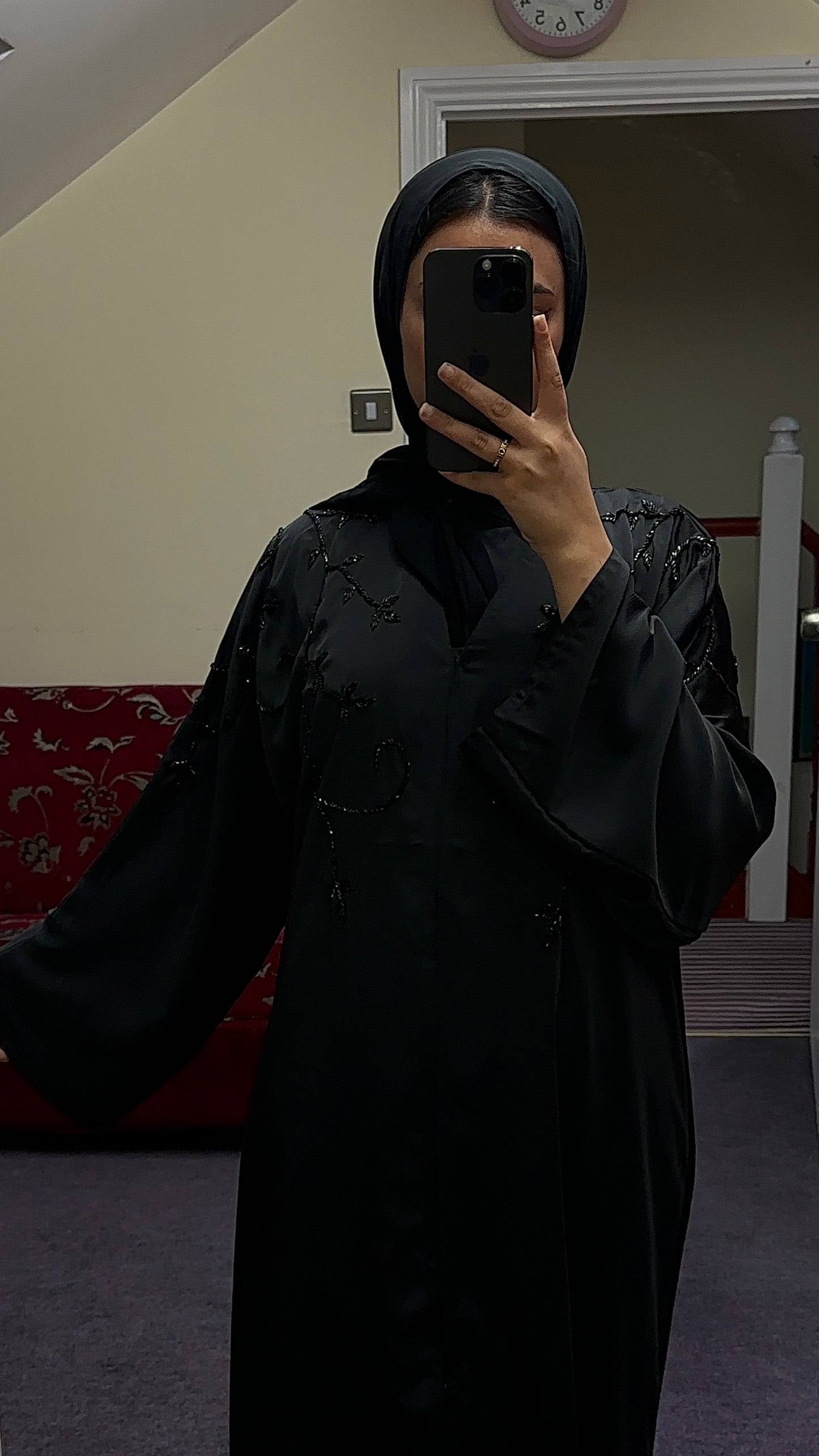BLACK ABAYA WITH BLACK EMBELLISHMENTS