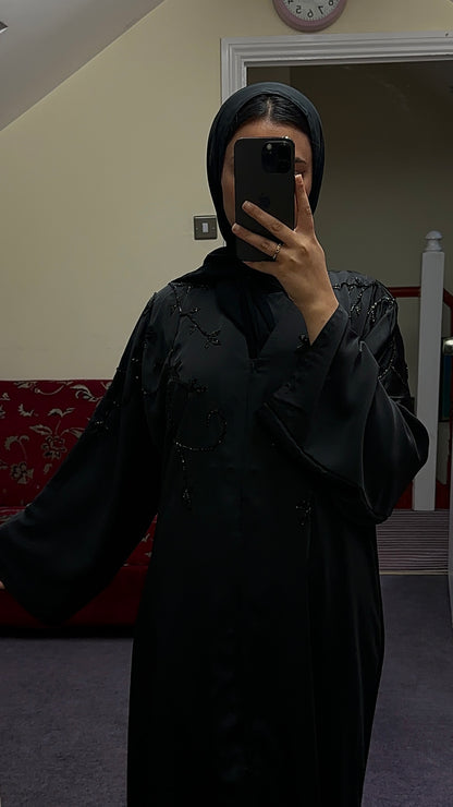 BLACK ABAYA WITH BLACK EMBELLISHMENTS