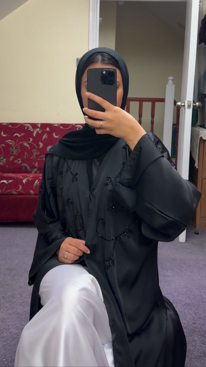 BLACK ABAYA WITH BLACK EMBELLISHMENTS