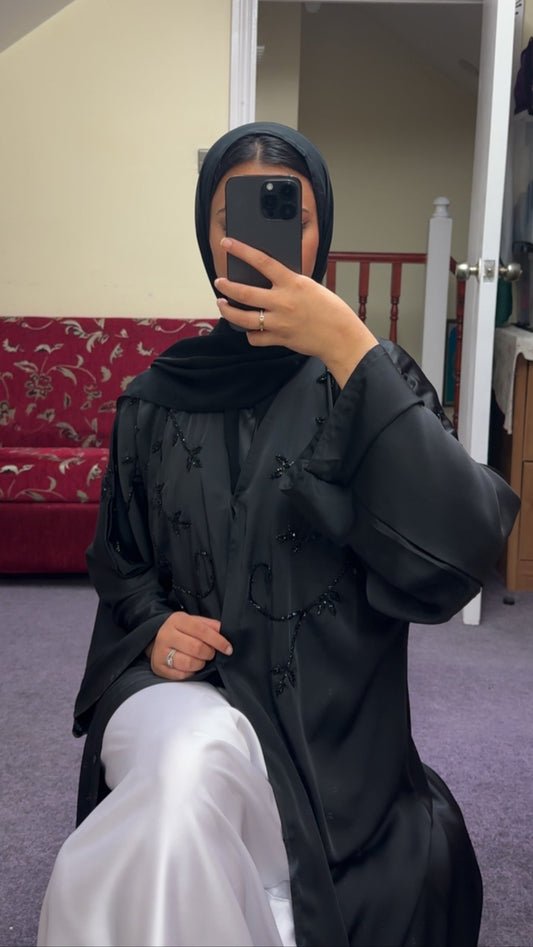 BLACK ABAYA WITH BLACK EMBELLISHMENTS