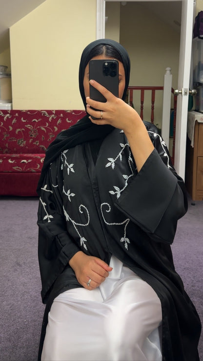 BLACK ABAYA WITH WHITE EMBELLISHMENTS