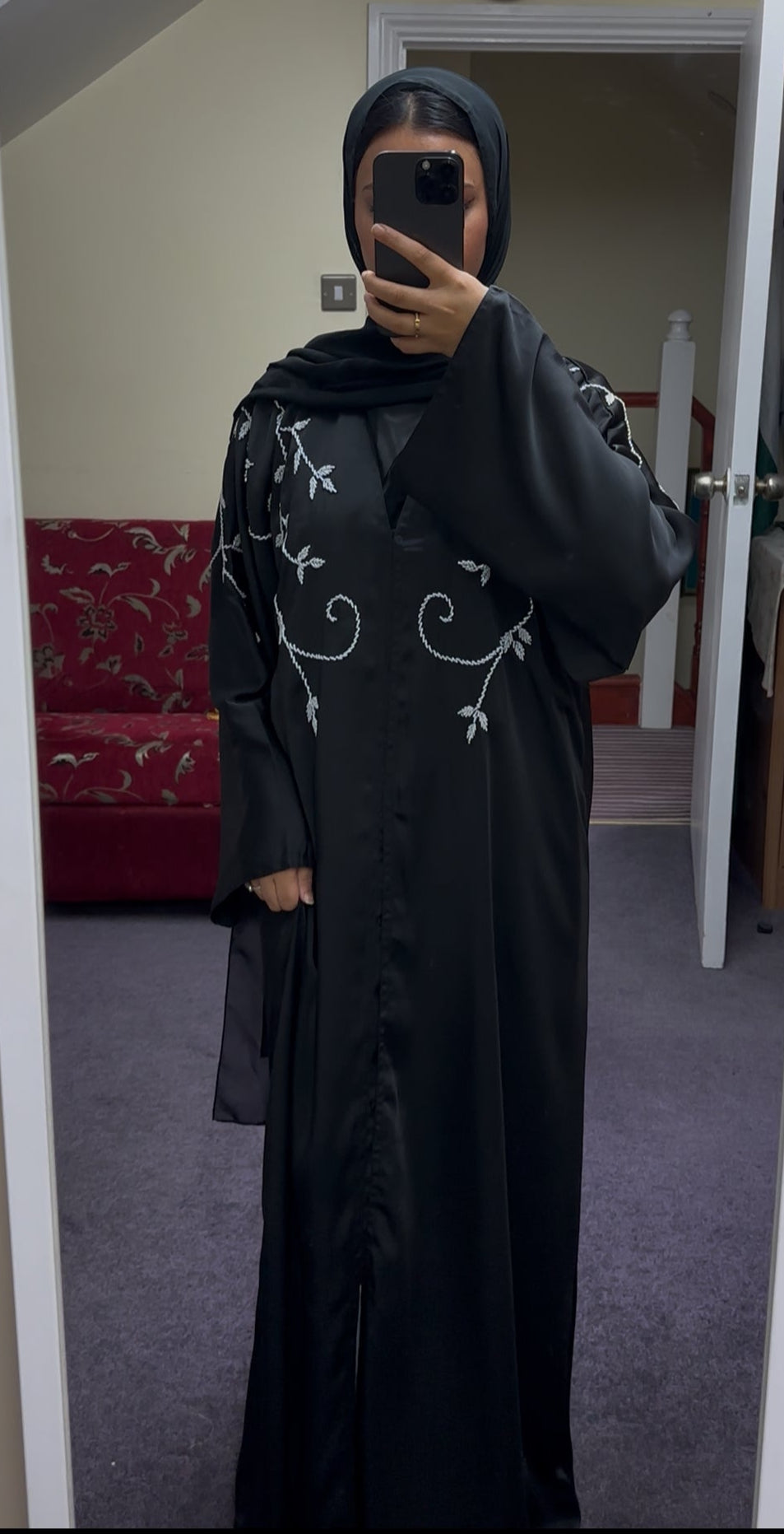 BLACK ABAYA WITH WHITE EMBELLISHMENTS