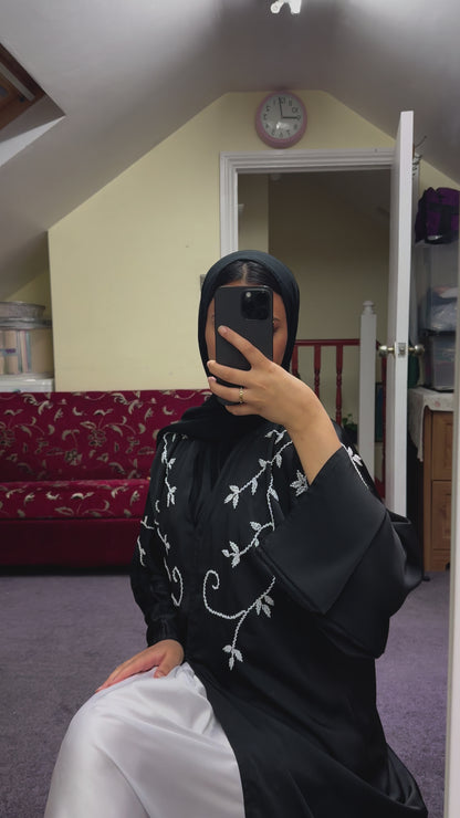 BLACK ABAYA WITH WHITE EMBELLISHMENTS